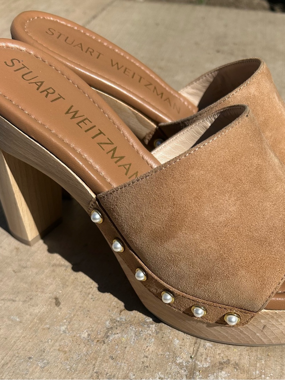 Stuart Weitzman Tan Suede Pearl-Trim Platform Mules - Picture 4 of 8